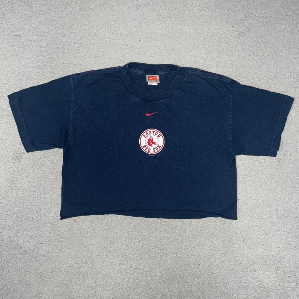 VTG Nike Team Boston Red Sox T Shirt Womens Sz L Blue Center Swoosh Crop Top Tee